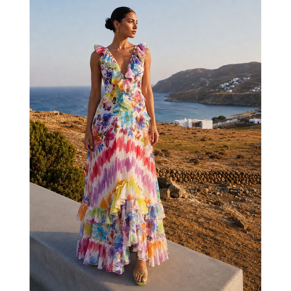 PatBO Bloom Ruffle V-Neck Floral Maxi Dress XS 0-2 NWT $750